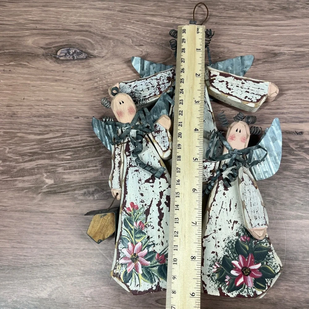 Handmade Primitive Angel Trio Wall Hanging White Distressed Wood Metal Wings